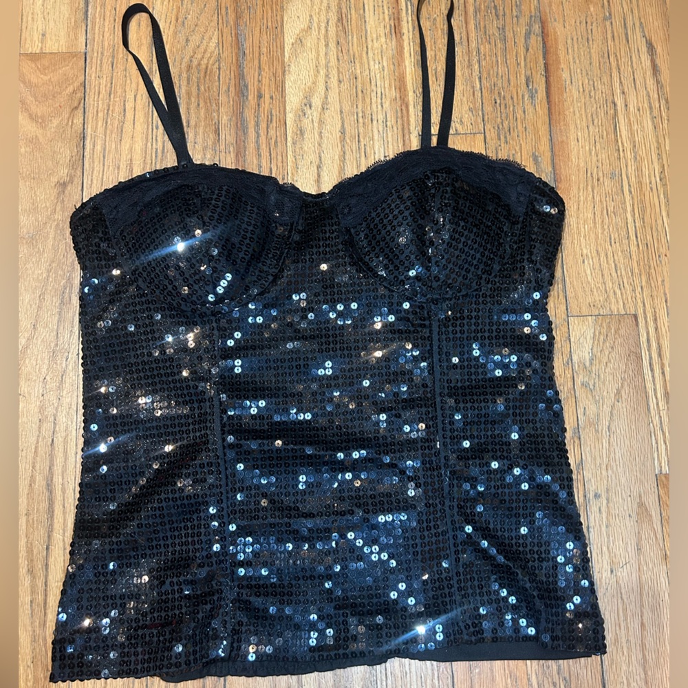 Black Sequin Party Holiday New Years Bachelorette Bustier Cami Blouse L - Picture 1 of 5
